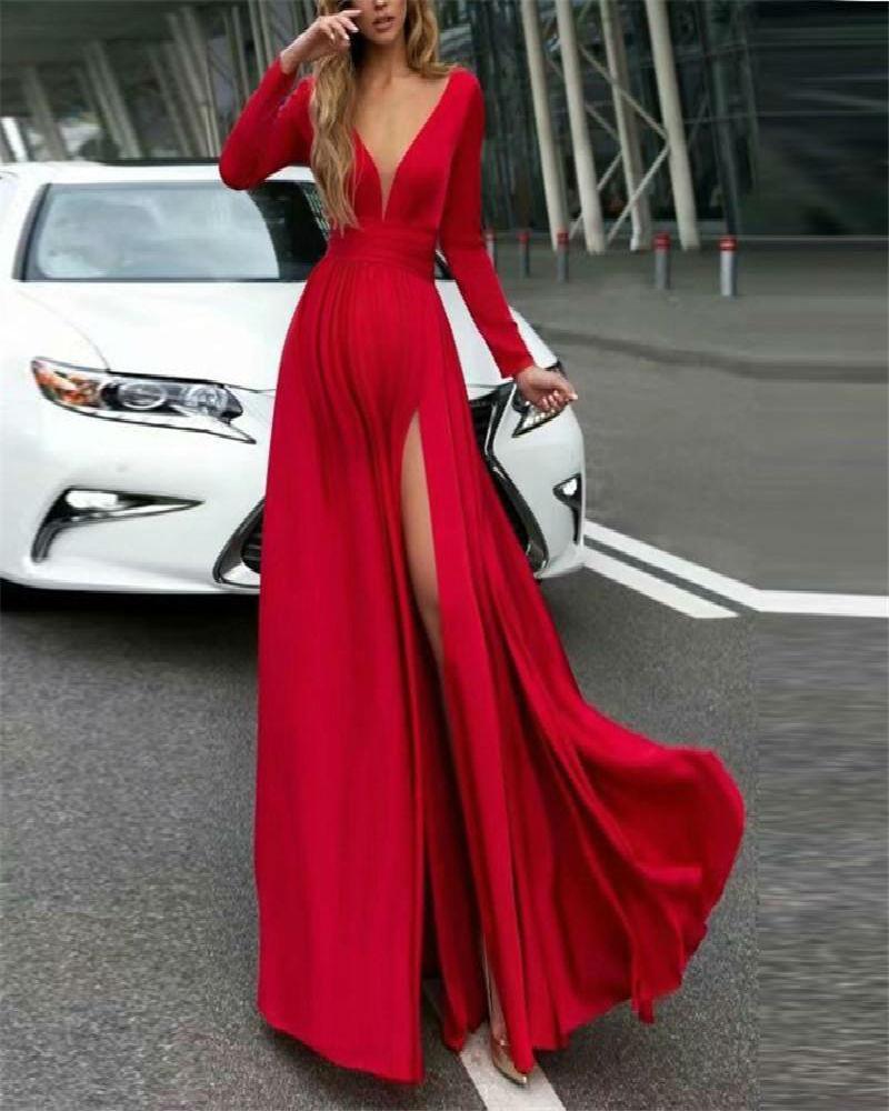 Maternity Sexy Solid Color Deep V-Neck Long Sleeve Split Maxi Dress - dianjiang-