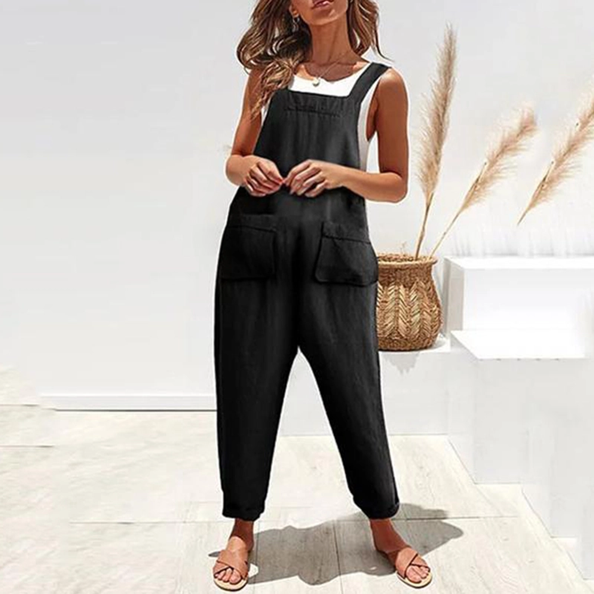 Maternity Casual Solid Pocket Cotton And Linen Suspender Jumpsuit - dianjiang-