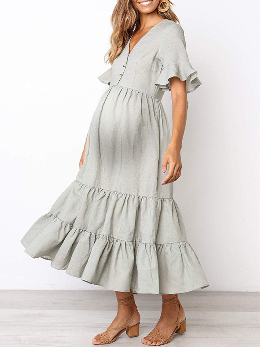 Maternity Casual Flared Sleeve Waist V-Neck Dress - dianjiang-