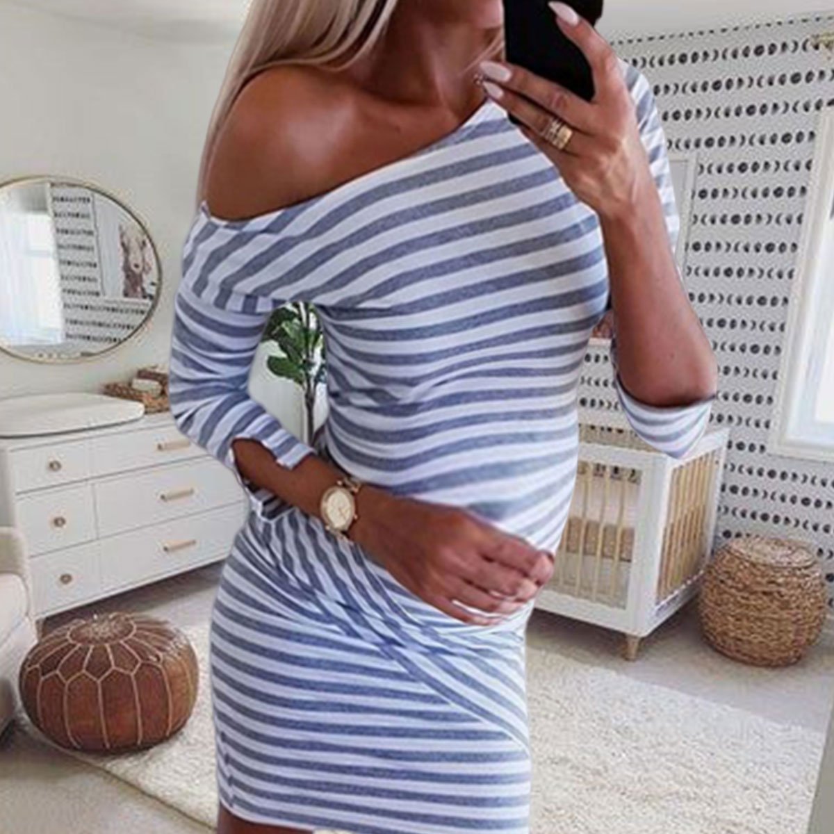 Off-The-Shoulder Split Sleeve Stripes Maternity Dress - dianjiang-