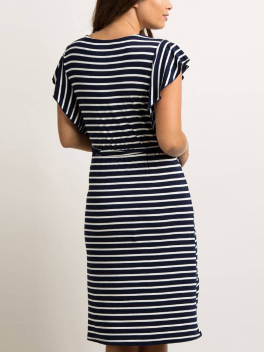 Maternity Knitted Striped V-Neck Midi Dress - dianjiang-