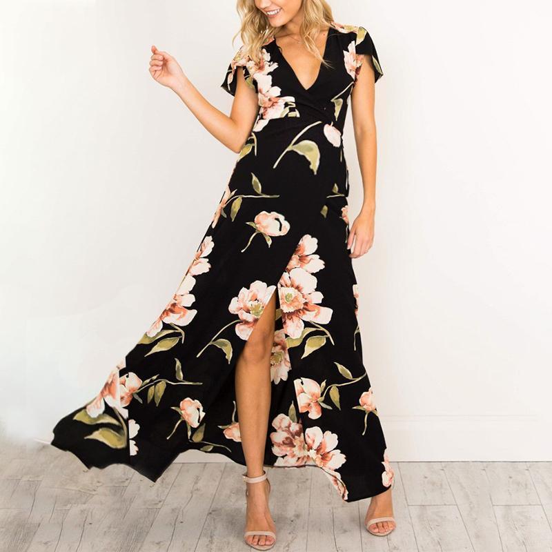 Maternity Deep V-Neck Printed Maxi Dress - dianjiang-