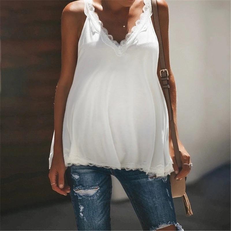 Maternity Solid Color Lace Stitching V-Neck Vest - dianjiang-