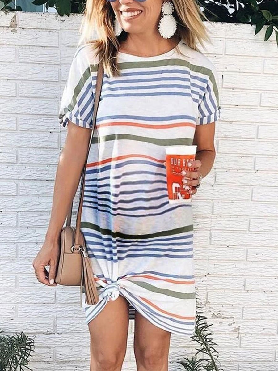 Round Neck Printed Striped Maternity Dress - dianjiang-