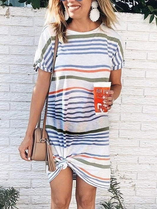 Round Neck Printed Striped Maternity Dress - dianjiang-