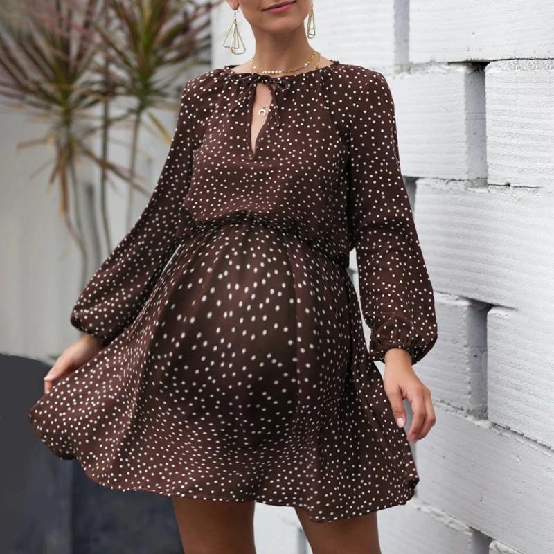 Maternity V-Neck Long-Sleeve Dot Printing Dress - dianjiang-