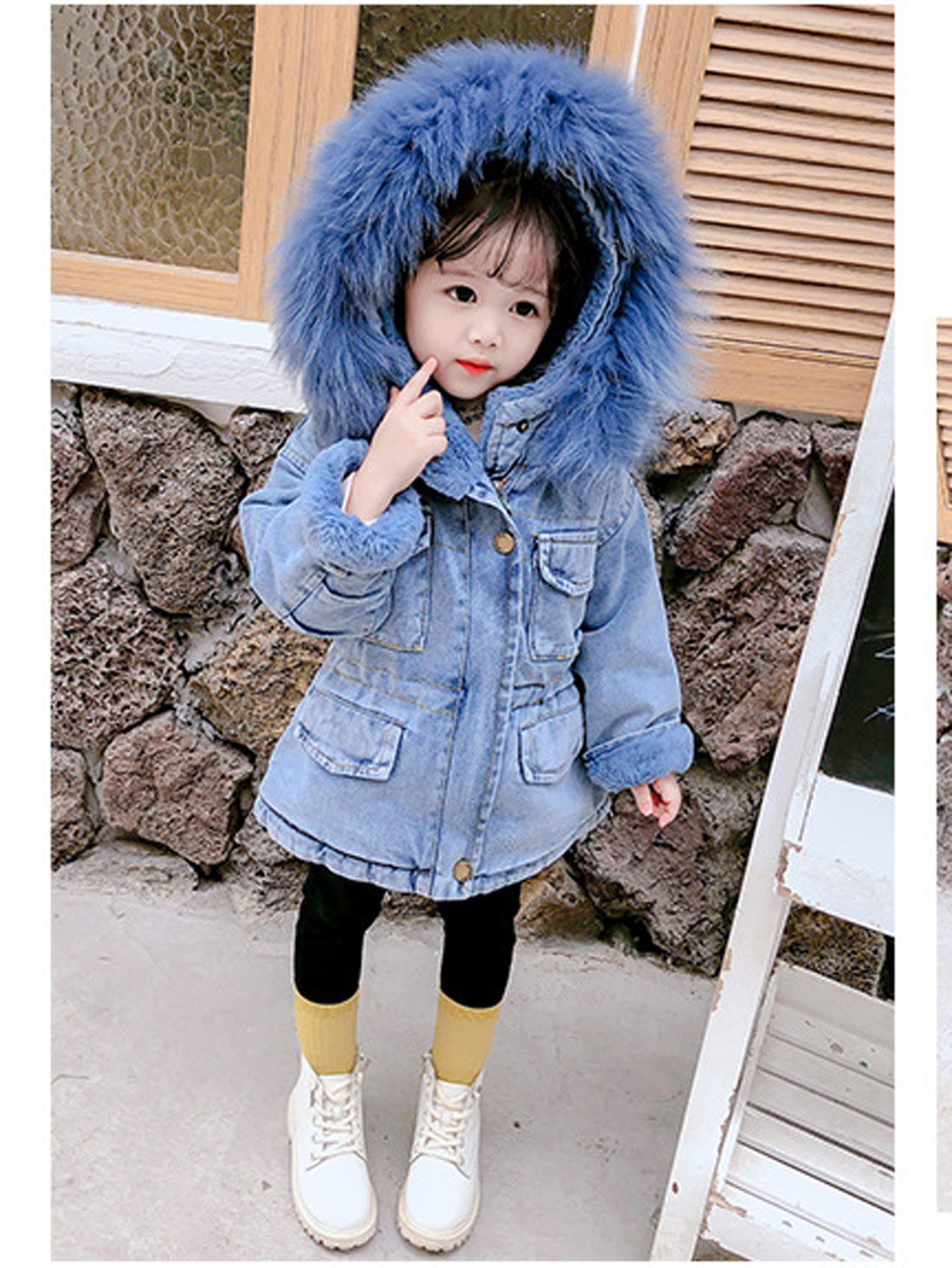 2 Colors Winter Stylish Denim Fur Hooded Winter Coat Jacket Pink and Blue - dianjiang-