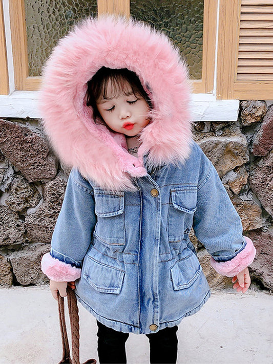 2 Colors Winter Stylish Denim Fur Hooded Winter Coat Jacket Pink and Blue - dianjiang-