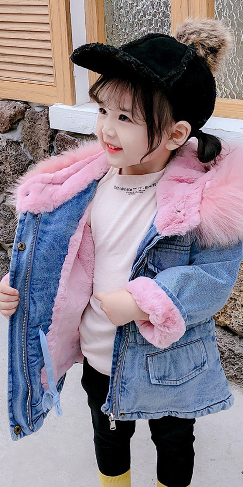 2 Colors Winter Stylish Denim Fur Hooded Winter Coat Jacket Pink and Blue - dianjiang-