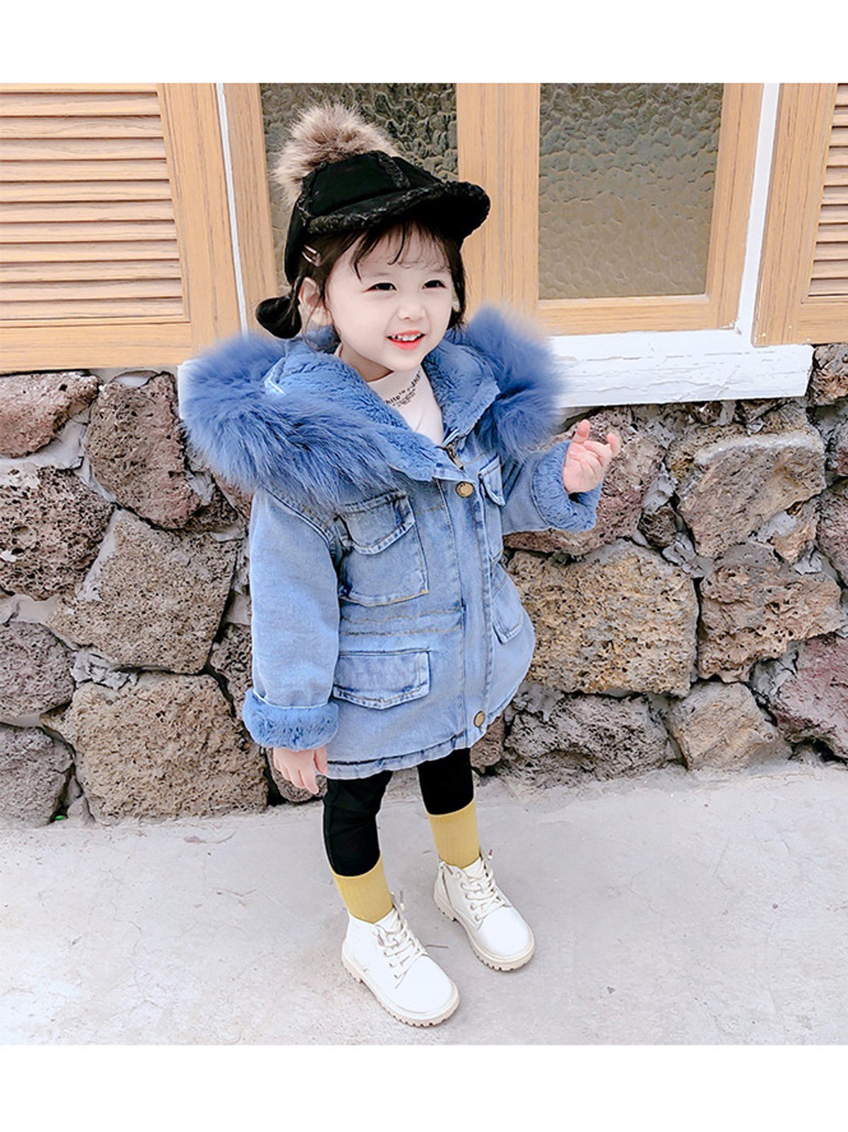 2 Colors Winter Stylish Denim Fur Hooded Winter Coat Jacket Pink and Blue - dianjiang-