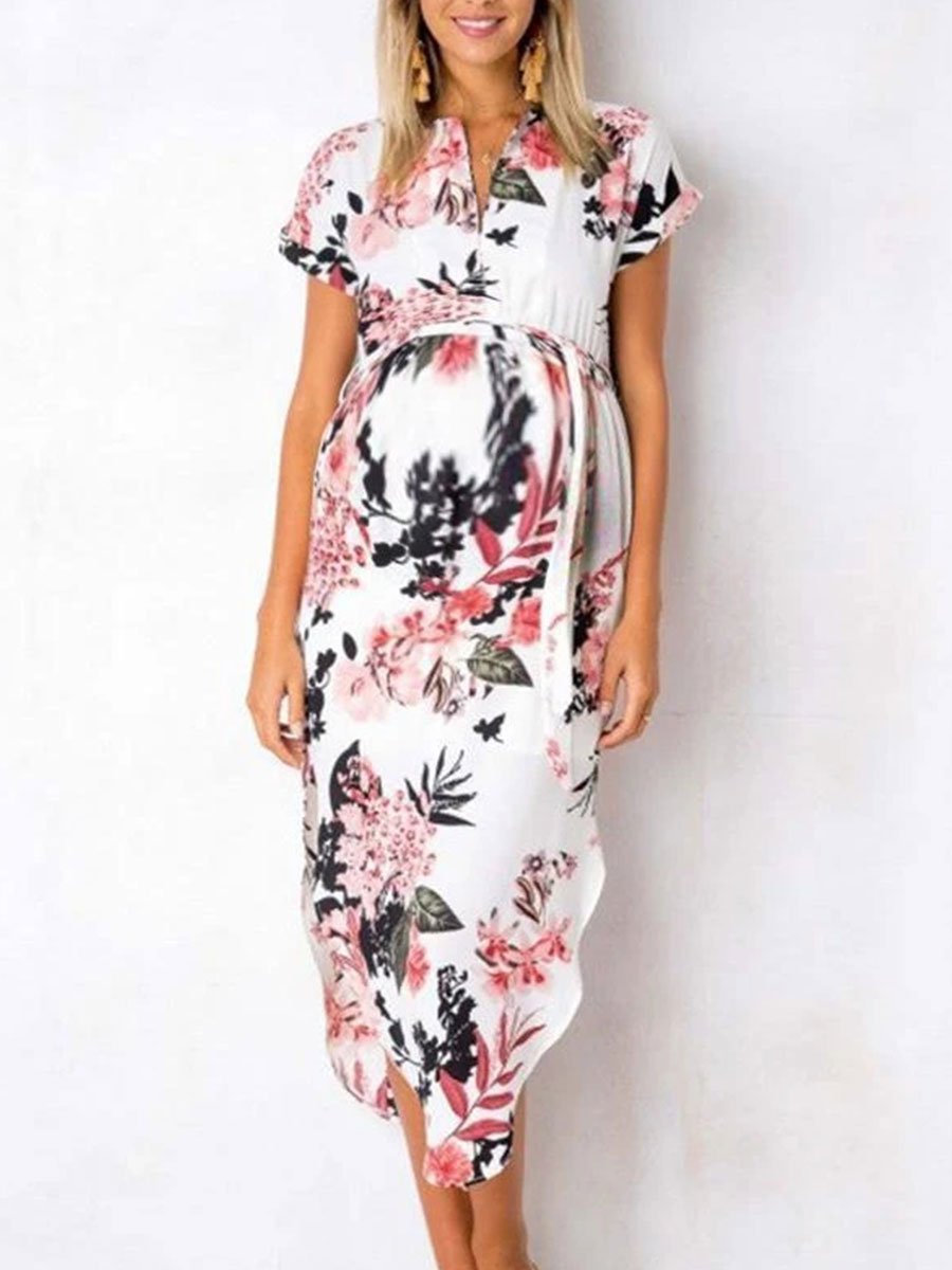 Sexy V-Neck Square Floral Print Maternity Dress - dianjiang-