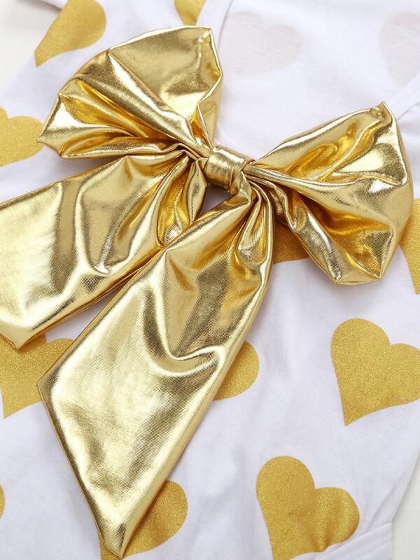 Hearts Pattern Printed Onesie Golden Bow Junpsuit for Babies - dianjiang-