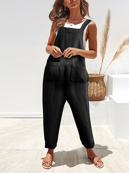 Maternity Casual Solid Pocket Cotton And Linen Suspender Jumpsuit - dianjiang-