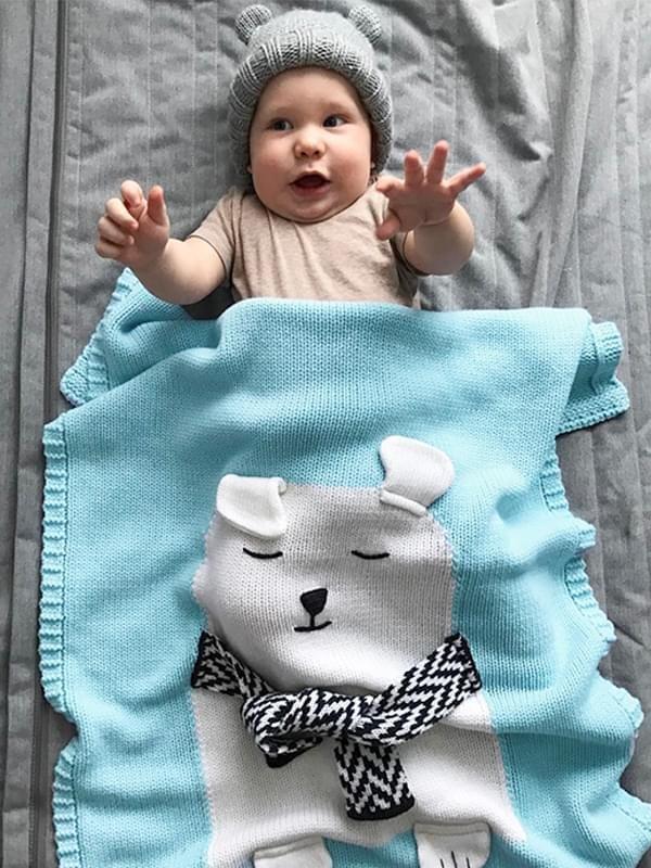 Cute White Bear Pattern Cotton Blend Knitted Blankets - dianjiang-