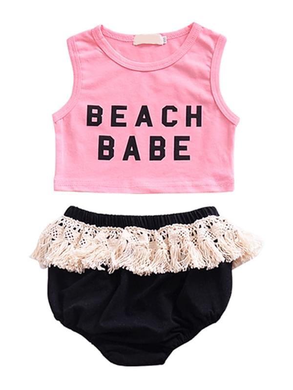 2-piece Set Printed Sleeveless Top Fringed Shorts for Baby Girls - dianjiang-