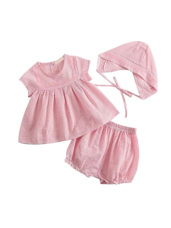 3-Piece Striped Set Top + Shorts + Hat Cotton Short-Sleeve Bloomers - dianjiang-