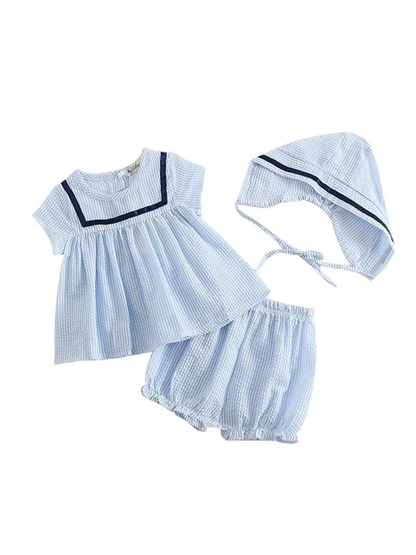 3-Piece Striped Set Top + Shorts + Hat Cotton Short-Sleeve Bloomers - dianjiang-