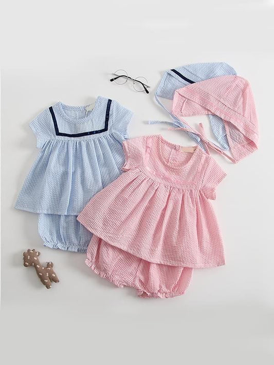 3-Piece Striped Set Top + Shorts + Hat Cotton Short-Sleeve Bloomers - dianjiang-