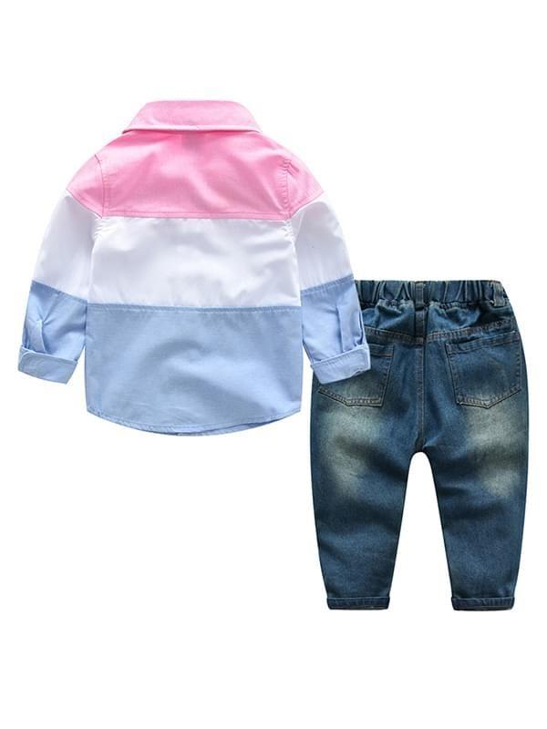 2-piece Color Block Shirt Jeans Outfits Set Long-sleeve Top Cool Jeans for Toddlers Boys - dianjiang-