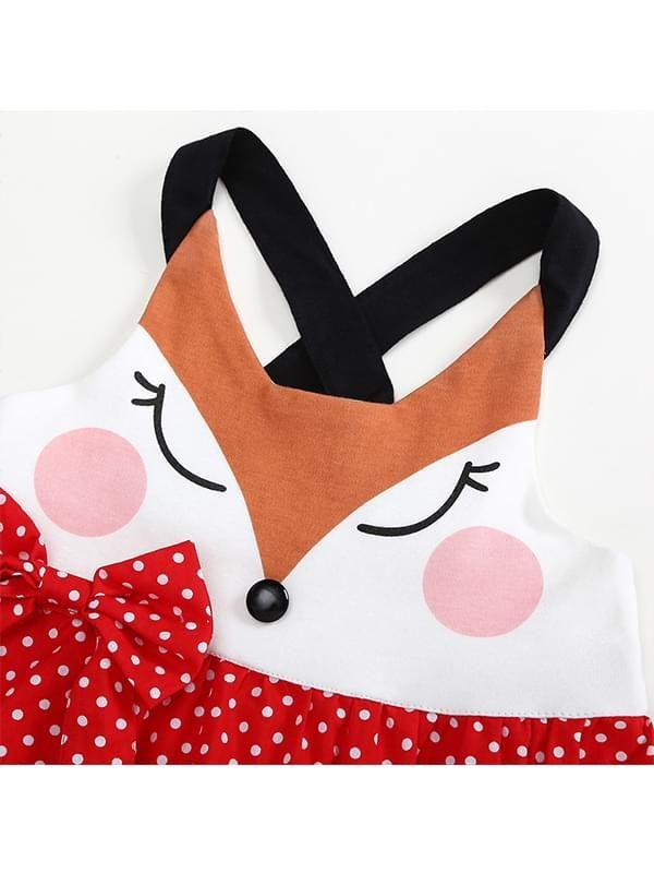 Fox Pattern Clothes Paneled Sleeveless Strapped Dress Bow Dots for for Baby Toddler Girls - dianjiang-