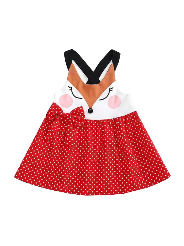 Fox Pattern Clothes Paneled Sleeveless Strapped Dress Bow Dots for for Baby Toddler Girls - dianjiang-