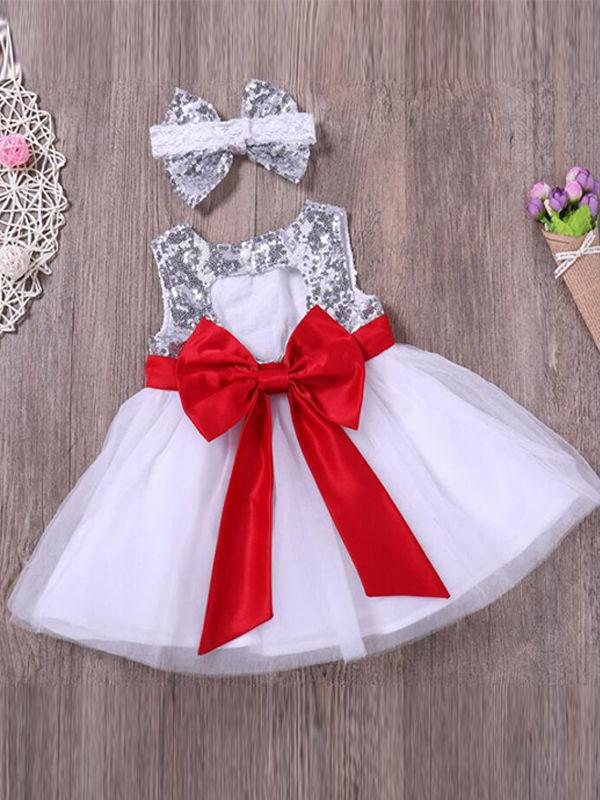 2-piece Dress Set Bowknot Sequins Cotton Princess Dress with headband - dianjiang-