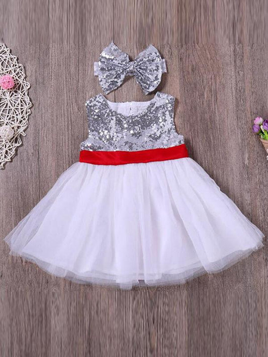 2-piece Dress Set Bowknot Sequins Cotton Princess Dress with headband - dianjiang-