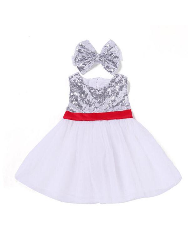 2-piece Dress Set Bowknot Sequins Cotton Princess Dress with headband - dianjiang-