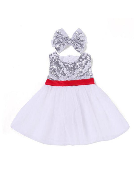 2-piece Dress Set Bowknot Sequins Cotton Princess Dress with headband - dianjiang-