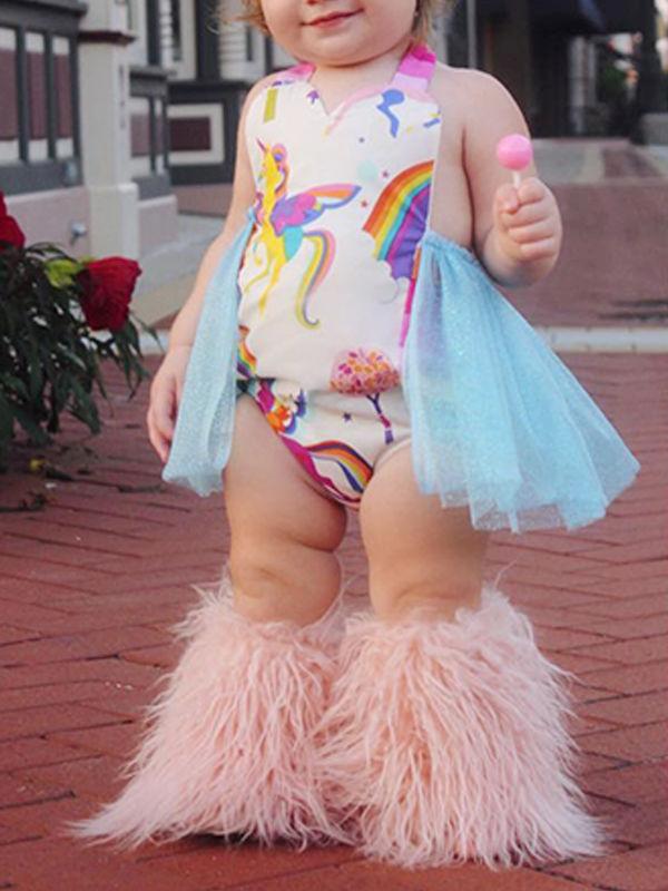 Cartoon Jumpsuits Rainbow Unicorn Bodysuit Printed Tulle Romper - dianjiang-