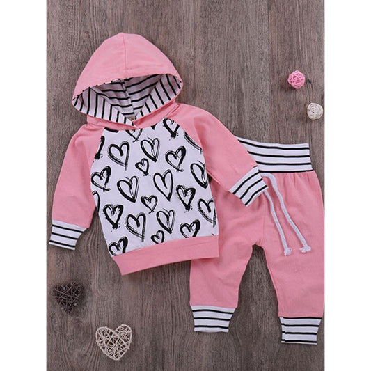 Baby Girls Pink Outfit Hoodie Top Matching Long Trousers - dianjiang-