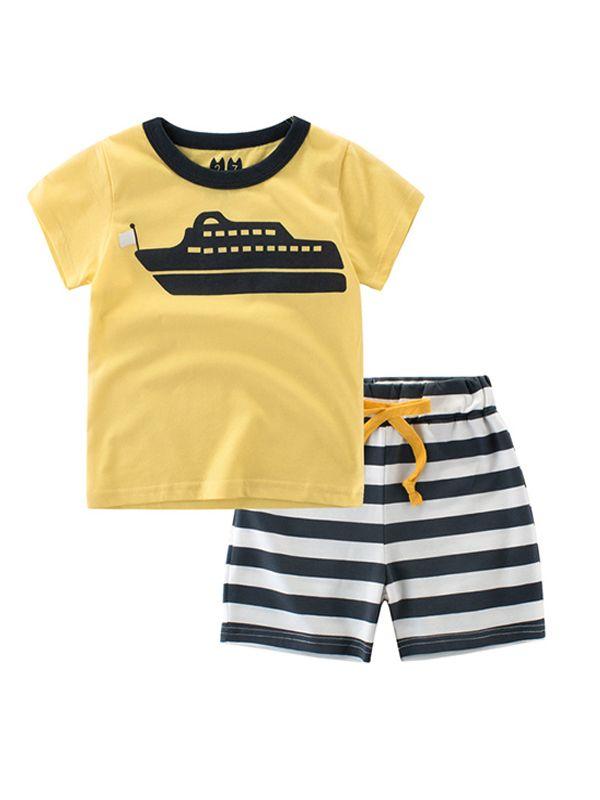 2-piece Print Tee Shorts Set Cotton T-shirt Top Short-sleeve Striped Bottom - dianjiang-