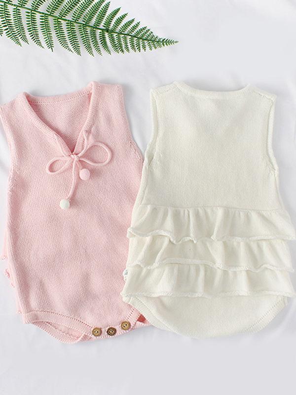 Flounced Knitted Cotton Romper Sleeveless Solid Color Baby Girls Bodysuit - dianjiang-