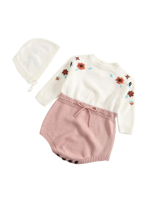 Embroidery Knitted Cotton Romper Cap Set Long-sleeve Bodysuit for Baby Girls - dianjiang-