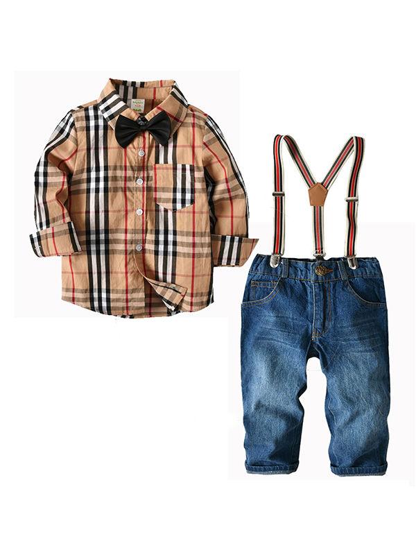 4-piece Outfit Sets Striped Shirt Jeans Belt Bowtie Set Long-sleeve Top For Toddlers Boys - dianjiang-