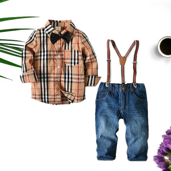 4-piece Outfit Sets Striped Shirt Jeans Belt Bowtie Set Long-sleeve Top For Toddlers Boys - dianjiang-