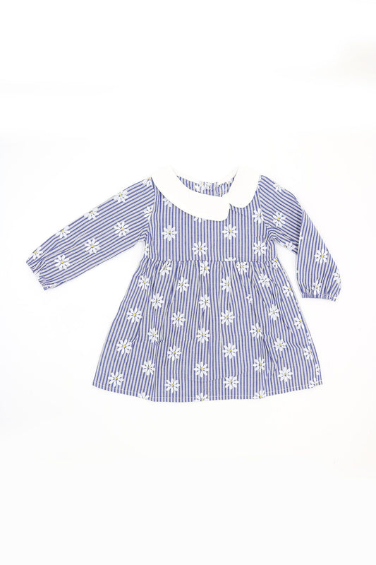 Striped Flowers Dress Daisy Print Long-sleeve Clothes for Baby Toddler Girls - dianjiang-