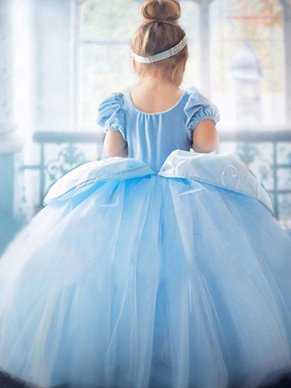 Blue Little Girls Short Sleeves Appliqued Cotton Blue Princess Party Dress - dianjiang-