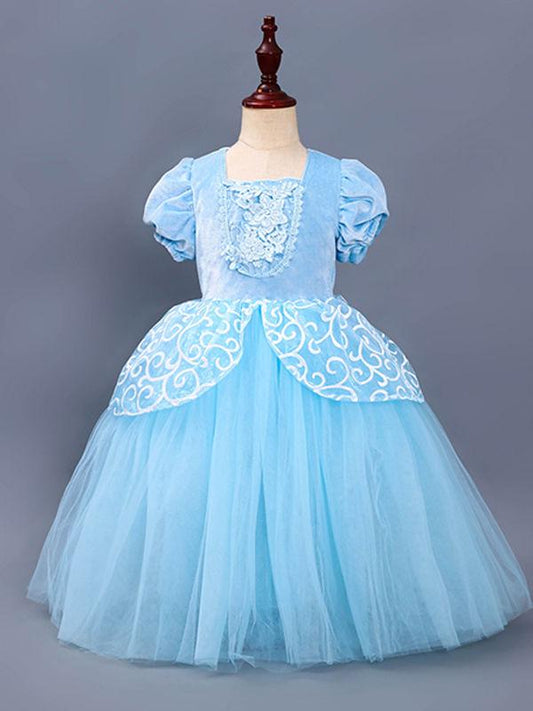 Blue Little Girls Short Sleeves Appliqued Cotton Blue Princess Party Dress - dianjiang-