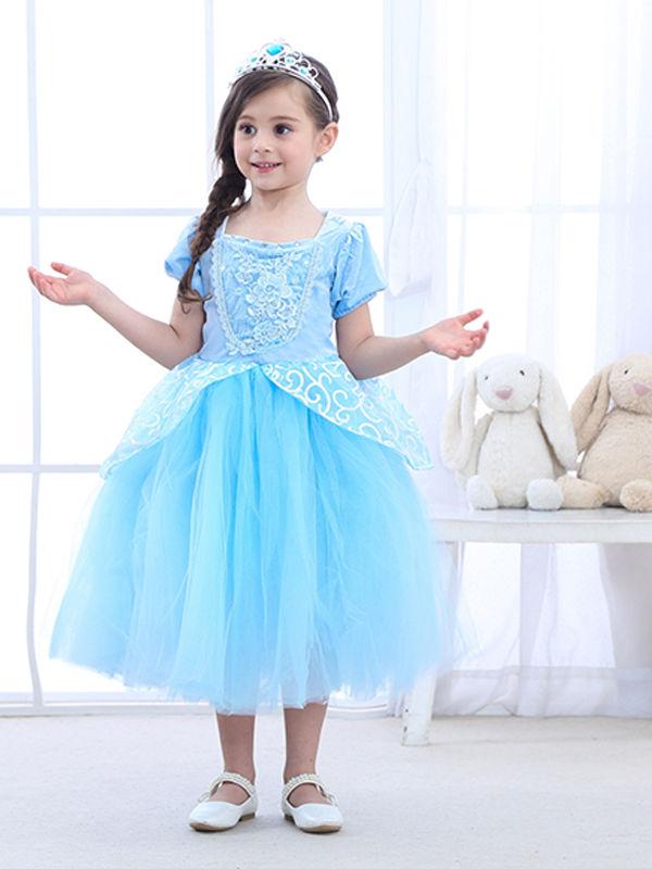 Blue Little Girls Short Sleeves Appliqued Cotton Blue Princess Party Dress - dianjiang-