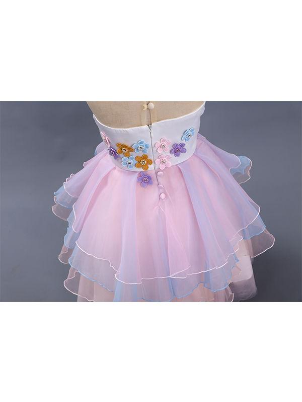 2 Colors Unicorn Pattern Appliqued Tulle Lacework Girls Princess Party Dress Blue/Pink - dianjiang-