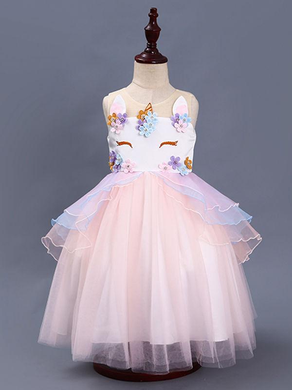 2 Colors Unicorn Pattern Appliqued Tulle Lacework Girls Princess Party Dress Blue/Pink - dianjiang-