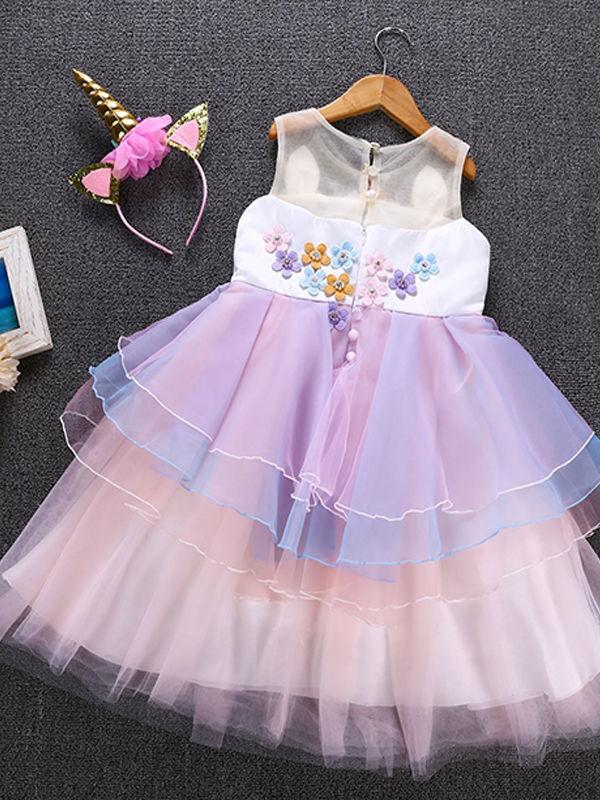 2 Colors Unicorn Pattern Appliqued Tulle Lacework Girls Princess Party Dress Blue/Pink - dianjiang-