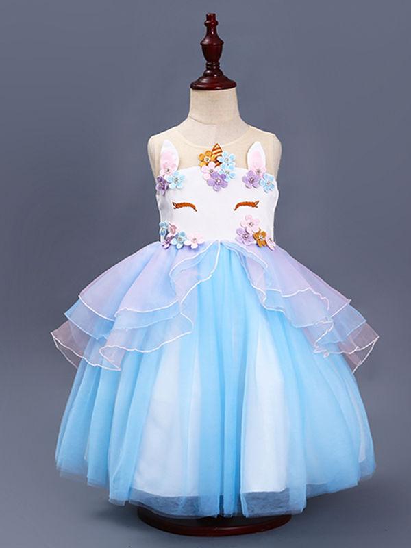 2 Colors Unicorn Pattern Appliqued Tulle Lacework Girls Princess Party Dress Blue/Pink - dianjiang-