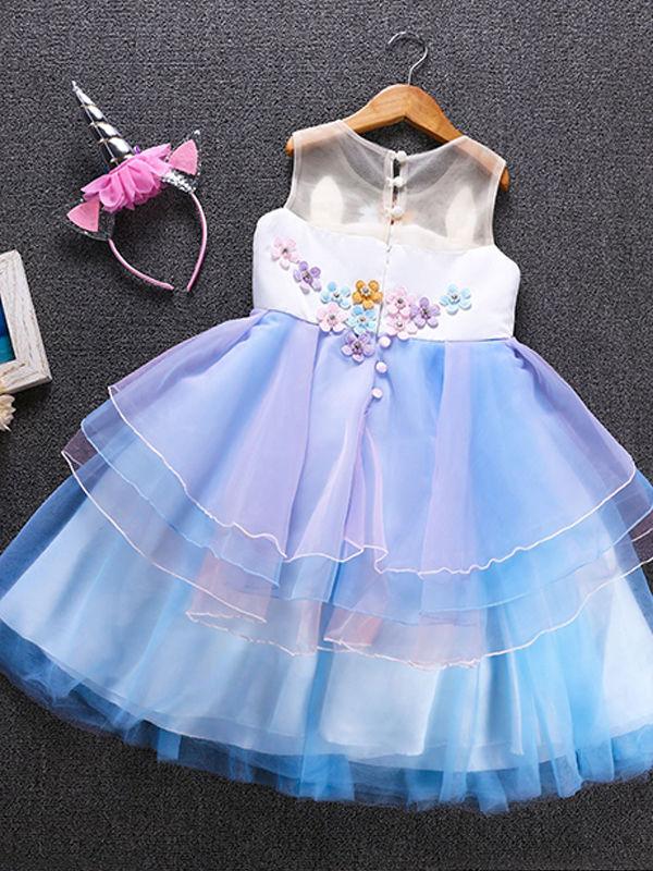 2 Colors Unicorn Pattern Appliqued Tulle Lacework Girls Princess Party Dress Blue/Pink - dianjiang-