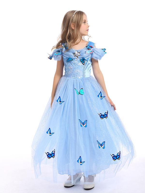 Solid Color Beaded Fluffy Butterfly Decorated Girls Princess Dress - dianjiang-