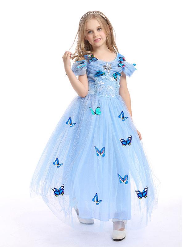 Solid Color Beaded Fluffy Butterfly Decorated Girls Princess Dress - dianjiang-