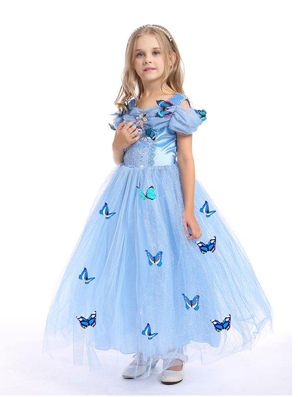 Solid Color Beaded Fluffy Butterfly Decorated Girls Princess Dress - dianjiang-