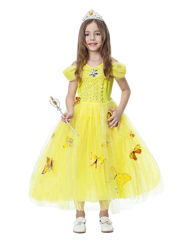 Solid Color Beaded Fluffy Butterfly Decorated Girls Princess Dress - dianjiang-