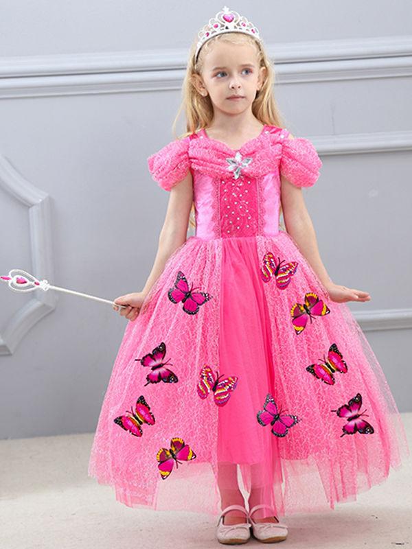 Solid Color Beaded Fluffy Butterfly Decorated Girls Princess Dress - dianjiang-